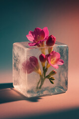 Delicate Orange Flowers Preserved in a Block of Ice

Frozen Bloom: Artistic Still Life of Flowers in Ice Cube