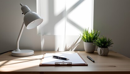 clean minimalist workspace with clipboard, black pen, and white desk lamp in natural light