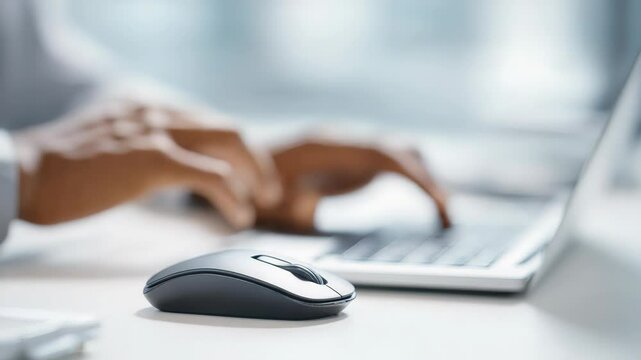 Close-Up of Hands Typing and Using Mouse on Keyboard in Bright Office Setting