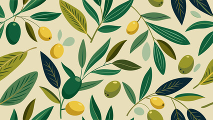Organic olive vector pattern – Mediterranean seamless background with hand-drawn olives, branches, and leaves for food packaging, fabric, and kitchen decor