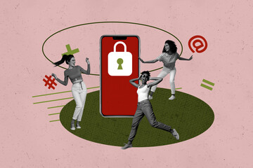 Pop image sketch 3d collage poster of happy girl guy stand cellphone lock antivirus protection key...