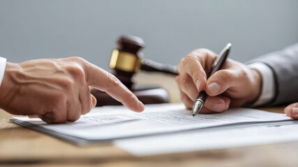 Hands Sign Legal Document with Gavel in Background in Professional Office Setting