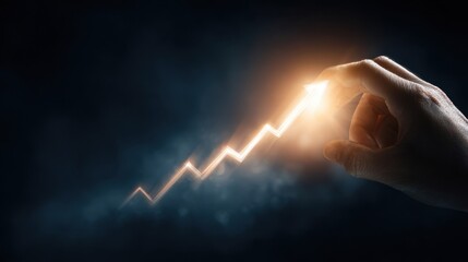 A hand grasping a radiant ascendant graph with a strong upward arrow conveying themes of wealth accumulation and positive economic outlook amidst a dark atmosphere