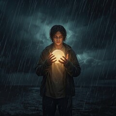 A young Caucasian male stands in the rain, holding a glowing orb, surrounded by a dramatic stormy sky.