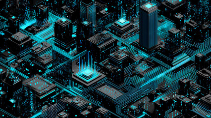 Futuristic Cyber City Isometric 3D Render with Neon Lights