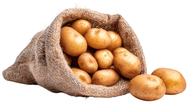 Raw potatoes inside burlap bag in farming theme, isolated on transparent 