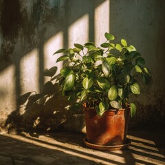 Indoor beauty plant with green leaves basks in golden light against a distressed wall creates natural ambiance