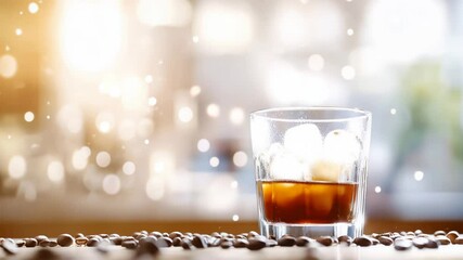 Dynamic coffee splash with ice cubes in a glass against blurred background