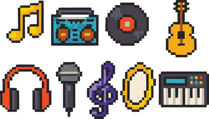 MUSIC icon set, pixel art, eps 10 illustration