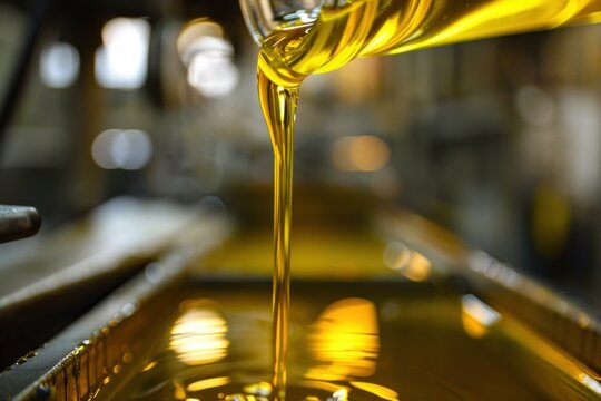 Golden liquid pouring from a glass container into a metal container in an industrial setting - Powered by Adobe