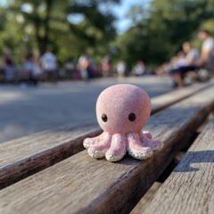 Cute octopus figurine sits peacefully on a wooden park bench at warm sunny day with blurred people around