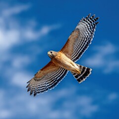 Majestic Red Shouldered Hawk in Flight Against Blue Sky Capturing the Freedom and Beauty of Wildlife