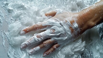 Human Hand Covered in White Cream Amidst Abstract Background Creates a Sense of Cleanliness