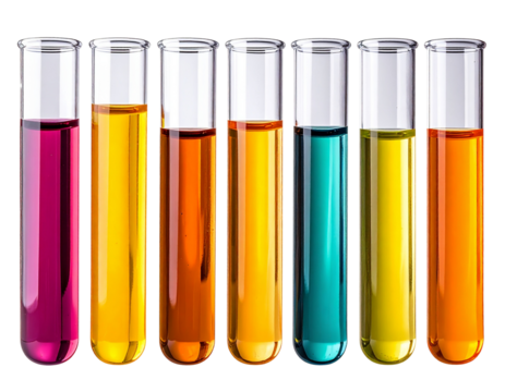 Row of Glass Test Tubes with Vibrant Colored Liquids, Isolated on Transparent Background PNG - Powered by Adobe