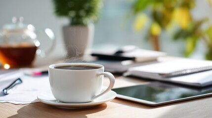 A welcoming cup for hot beverages sits on an elegant desk accompanied by essential office materials and a digital tablet drawing attention to a comfortable and inspiring work environment.