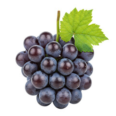 A large bunch of dark purple table grapes with natural bloom and a vibrant green serrated leaf, isolated against a transparent background with copy space, studio-lit for product photography, conveying