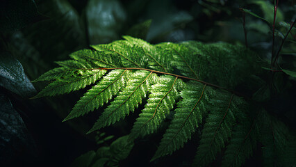Tropical Green Fern Leaves in Forest Light