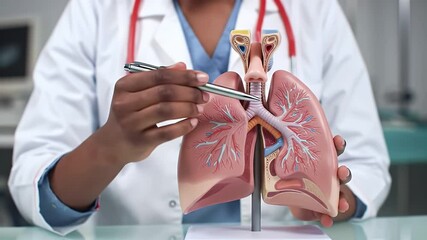 Female Doctor Explaining Anatomy of Human Respiratory System Model in White Coat