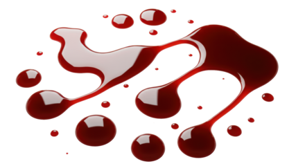Vivid dark red viscous liquid resembling blood, forming irregular trails and drops on pristine transparent background with copy space, bright even shadowless lighting, top-down view, hyper-detailed,