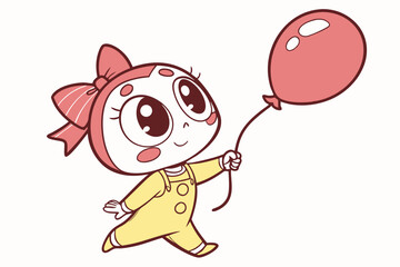 Vector cute Baby Girl cartoon character wearing a yellow romper and holding a balloon isolated on white background