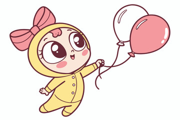 Vector cute Baby Girl cartoon character wearing a yellow romper and holding a balloon isolated on white background