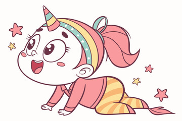 Fototapeta premium Vector cute Baby Girl cartoon character wearing a unicorn headband and a joyful expression isolated on white background