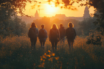 a group of friends enjoying time together outdoors, leaving their phones aside, lush green park background, soft golden hour light