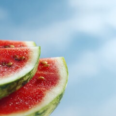 Close Up Watermelon Slices Displayed on a Sunny Summer Day with Bright Red Freshness and Blue Sky