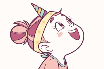 Obraz premium Vector cute Baby Girl cartoon character wearing a unicorn headband and a joyful expression isolated on white background
