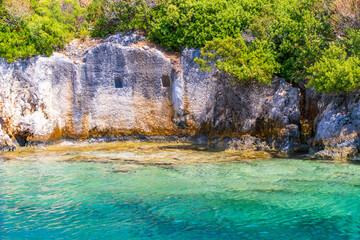 Ruins and turquoise waters of Sunken City of Kekova Island. Island located near Simena between Kas and Demre, Antalya Province of Turkey. Lycian settlement, used by Byzantines too