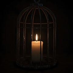 A serene candle lit within an antique metal cage, casting warm light in a dark setting.