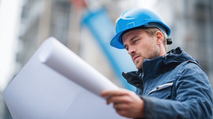 Focused engineer reviewing blueprints
