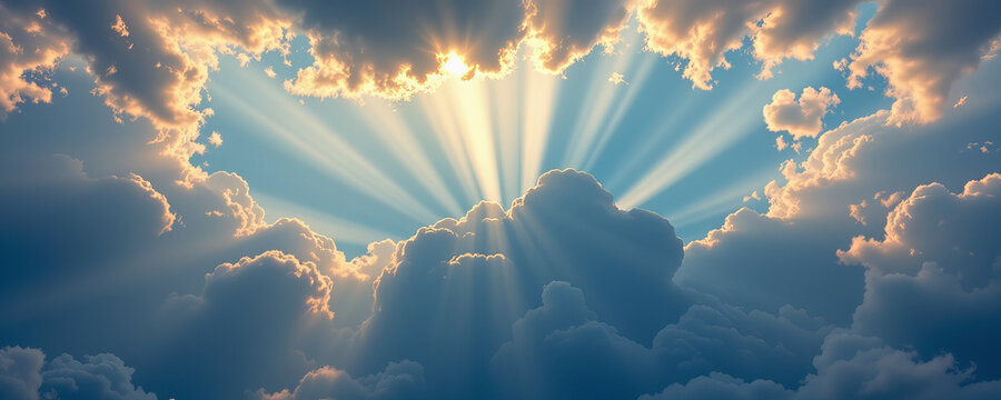 Sun rays shining through fluffy clouds in bright blue sky - Powered by Adobe