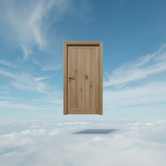 A wooden door floating in a serene sky filled with soft clouds, evoking a sense of mystery and wonder.