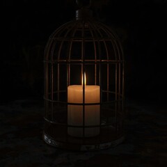 A tranquil scene featuring a lit white candle enclosed in a vintage metal cage, casting a warm glow in a dark setting.
