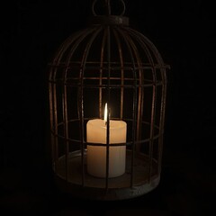 A serene candle light illuminated within a vintage metal cage, casting soft shadows against a dark background.