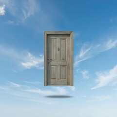 A wooden door gracefully floating against a bright blue sky, symbolizing new beginnings and opportunities.