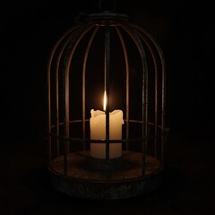 A flickering candle inside an antique metal cage, casting soft light against a dark background.