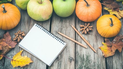 Autumn harvest; blank notepad, apples, pumpkins, wooden table