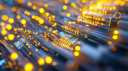 An ultra-realistic view of server infrastructure in a glowing data center with illuminated hardware and data flow charts. Data scientist