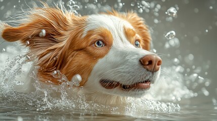 Aquatic Adventure of a Border Collie Dog Swimming through Splashing Water Revealing Vivid Eyes and Wet Fur