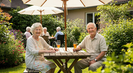 Obraz premium Elderly Couple Enjoying Drink in Garden