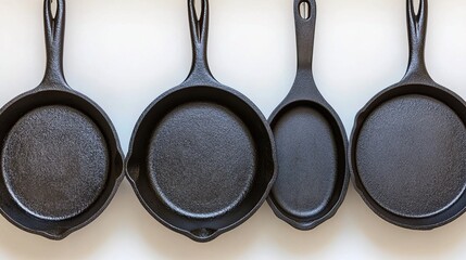 Cast iron skillets hanging, white background, cooking