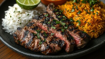 Delicious grilled steak on a plate with fluffy white rice lime slice and vibrant yellow rice close up shot