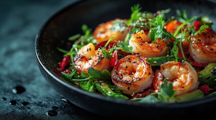 Delicious Shrimp Delight with Arugula Avocado and Sesame Seeds in Dark Bowl Elegant Culinary Presentation