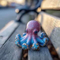 Charming colorful toy octopus artfully rests on a weathered wooden park bench bathed in warm sunlight whimsical artistic scene