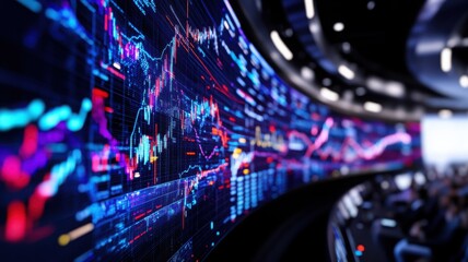 Obraz premium Innovative immersive data room with vertical screens displaying animated charts and live data feeds. Data scientist