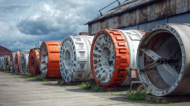Decommissioned wind turbine parts stored behind factory
