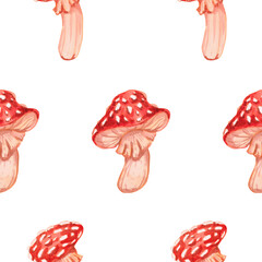 Watercolor seamless pattern of fly agaric isolated on white. Mushroom with a red cap. Hand drawn botanical illustration for eco goods, textiles, natural herbal medicine, witchy or mystical decor