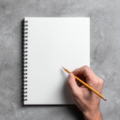 Conceptual flat lay close up of hand holding a pencil on a blank notepad artistic space